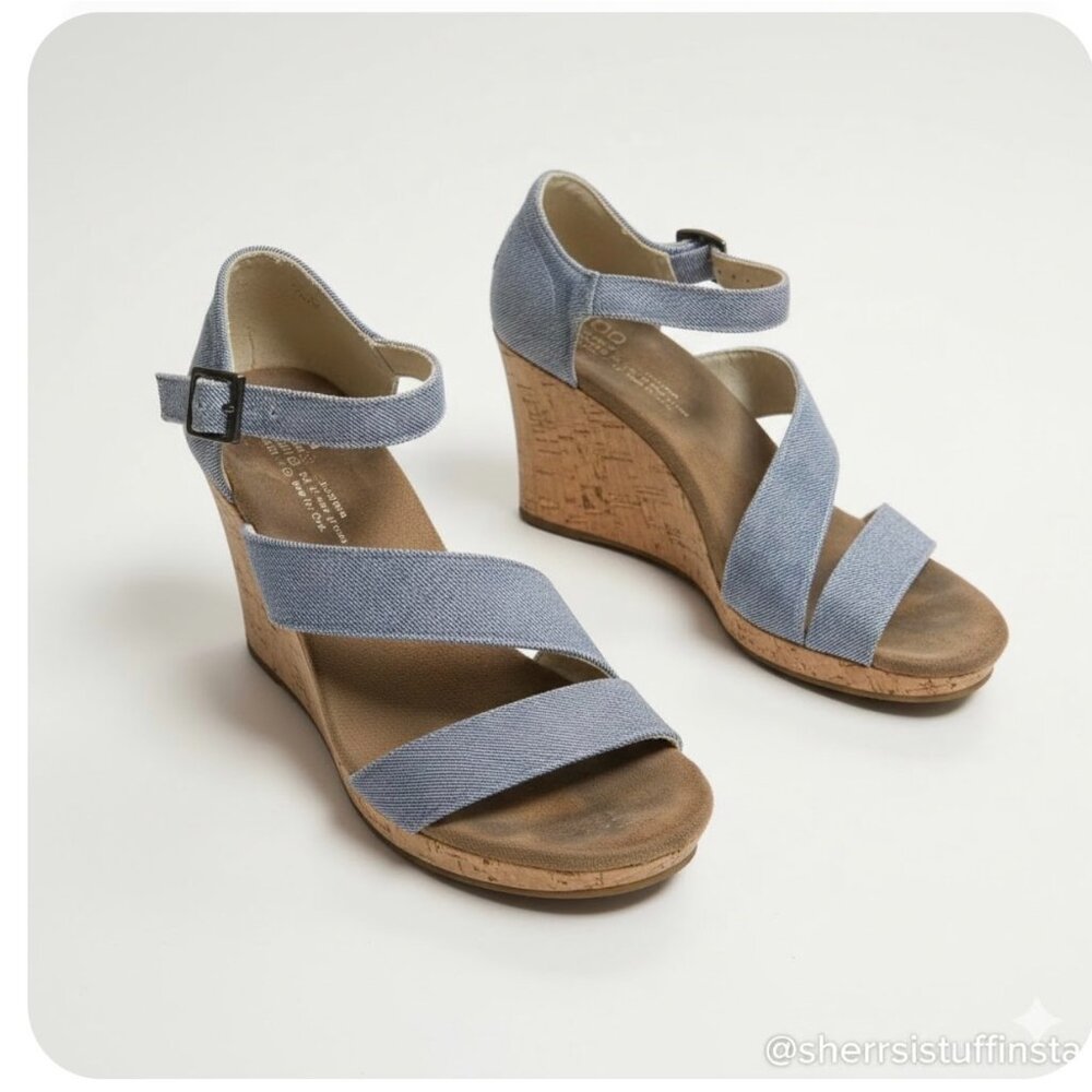 TOMS Clarissa Blue Denim Wrapped Vamp Wedge Sandals Cork Heels 7 - Picture 1 of 13